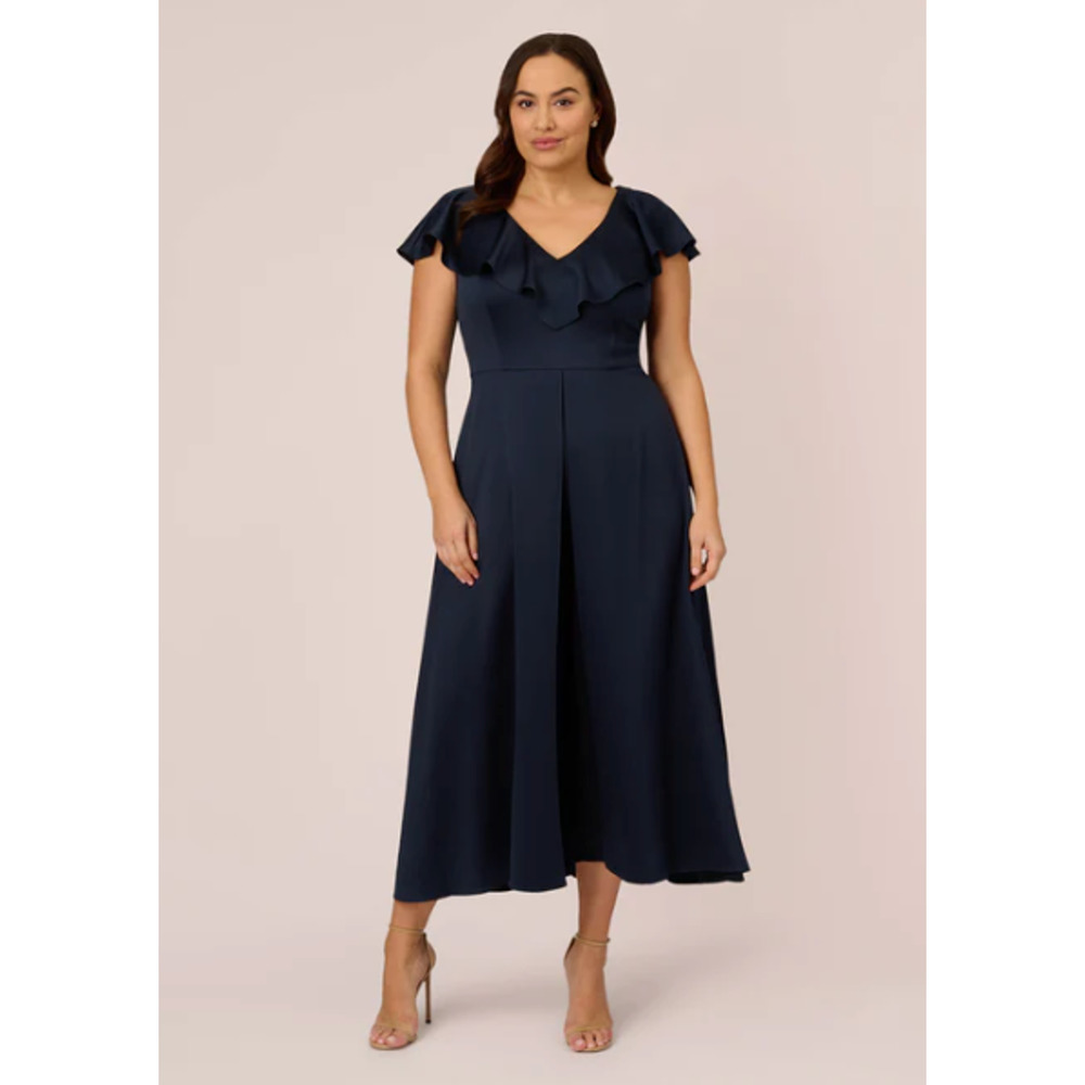 Adrianna Papell PLUS SIZE 22 Dark Navy SATIN CREPE RUFFLED CROPPED JUMPSUIT